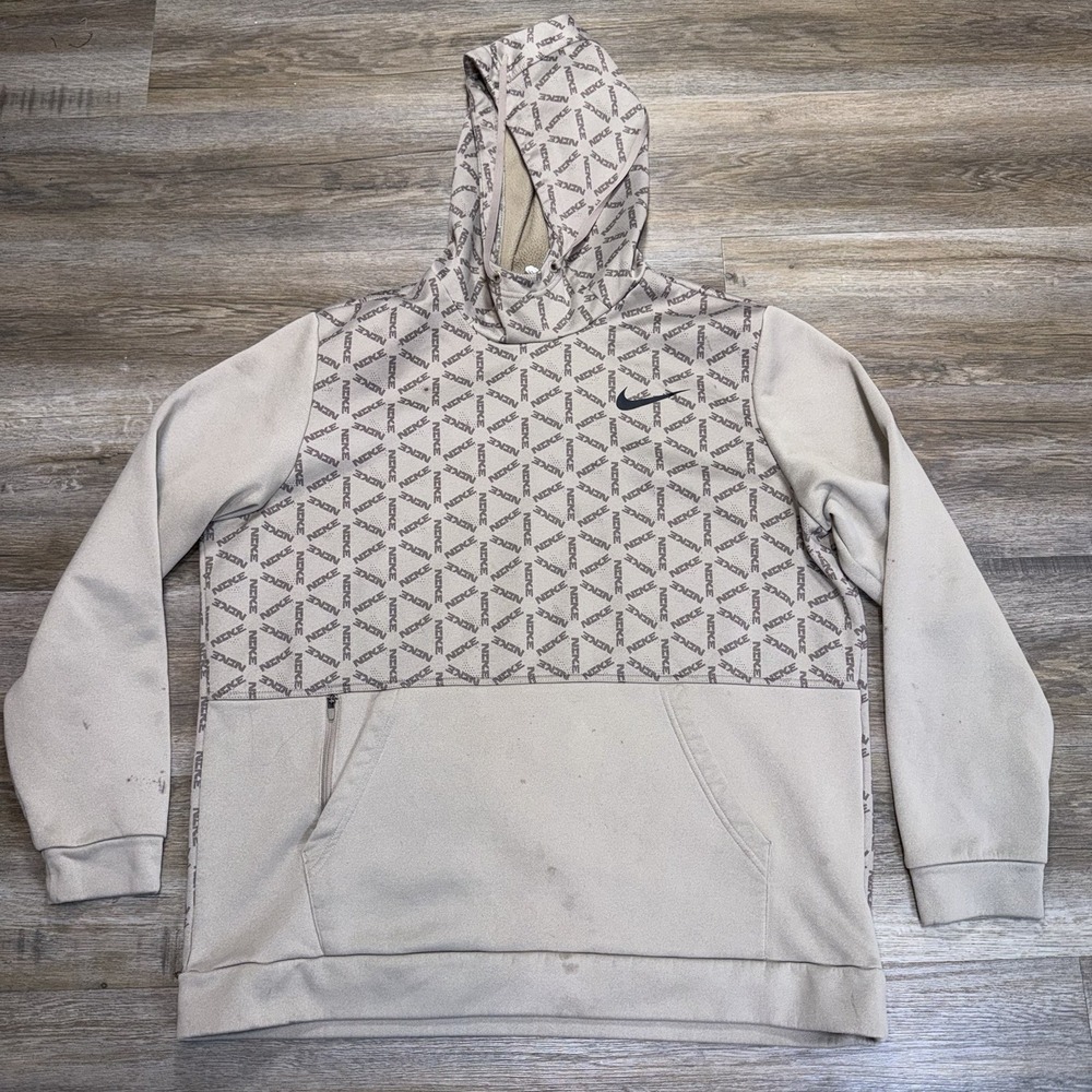 Nike Therma-FIT Geometric All-Over Logo Print Pullover Hoodie Mens XL Tan